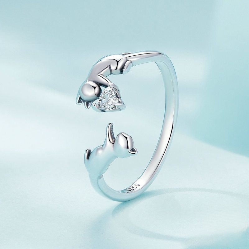 【Rings】可愛いカップル猫ハート シルバーリング