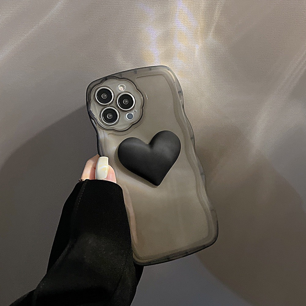 【iPhone Case】 黒いハート 立体  落下防止 リングストラップ付き iPhoneケース IPHONE 14