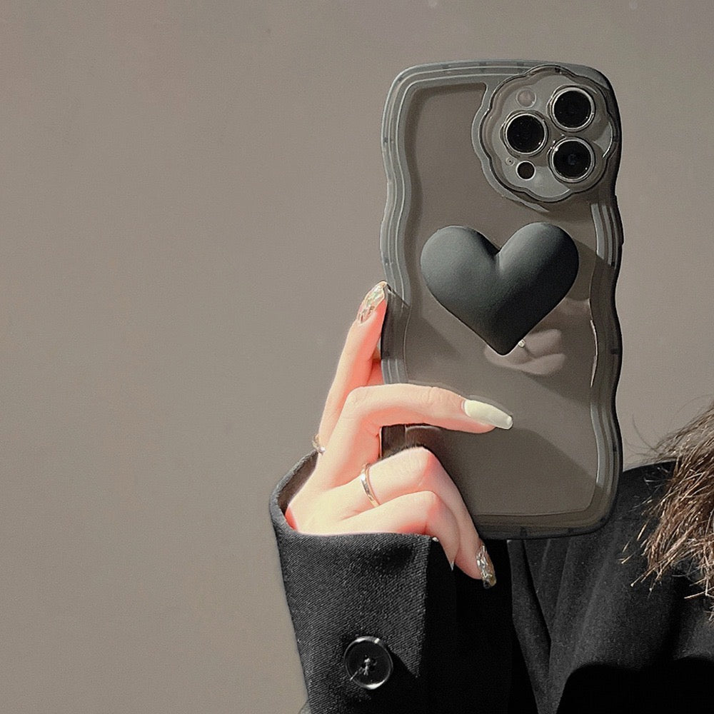 【iPhone Case】 黒いハート 立体  落下防止 リングストラップ付き iPhoneケース IPHONE 14