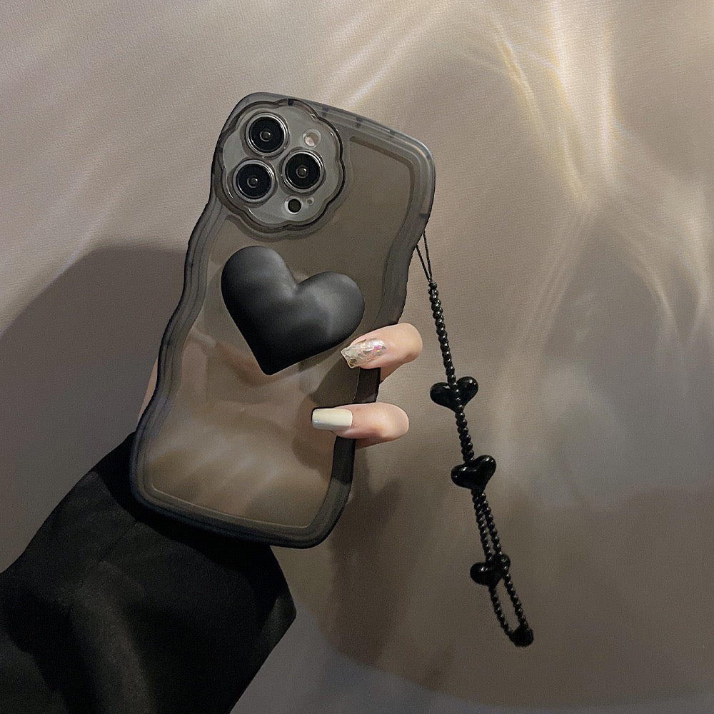 【iPhone Case】 黒いハート 立体  落下防止 リングストラップ付き iPhoneケース IPHONE 14