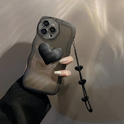 【iPhone Case】 黒いハート 立体  落下防止 リングストラップ付き iPhoneケース IPHONE 14
