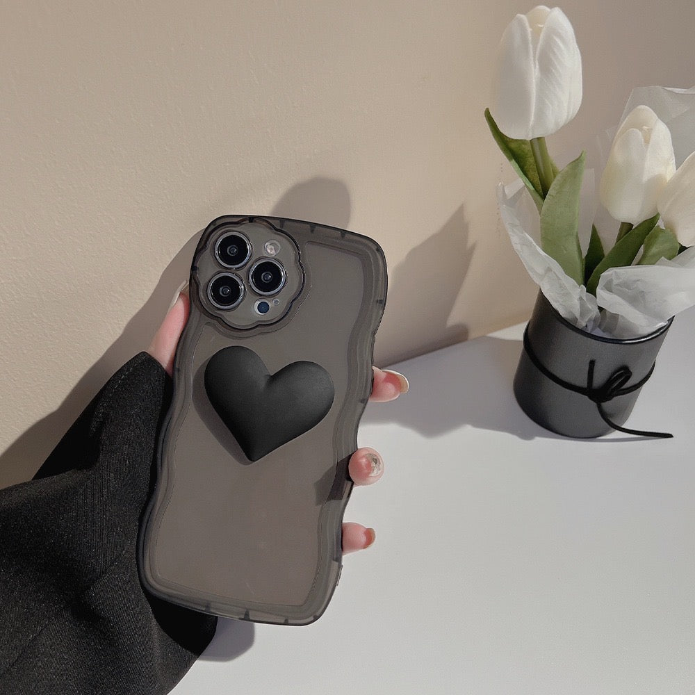 【iPhone Case】 黒いハート 立体  落下防止 リングストラップ付き iPhoneケース IPHONE 14