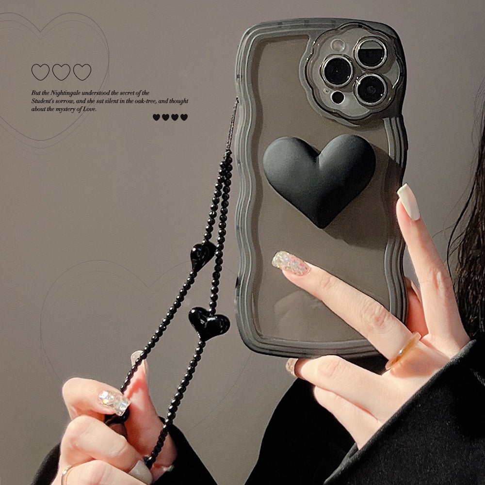 【iPhone Case】 黒いハート 立体  落下防止 リングストラップ付き iPhoneケース IPHONE 14