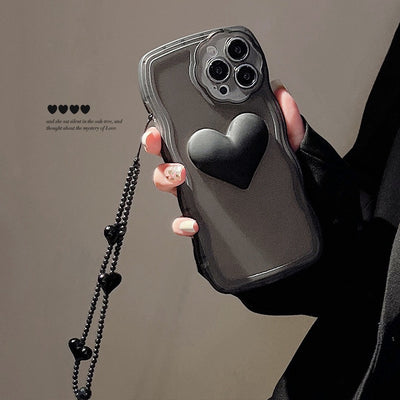 【iPhone Case】 黒いハート 立体  落下防止 リングストラップ付き iPhoneケース IPHONE 14