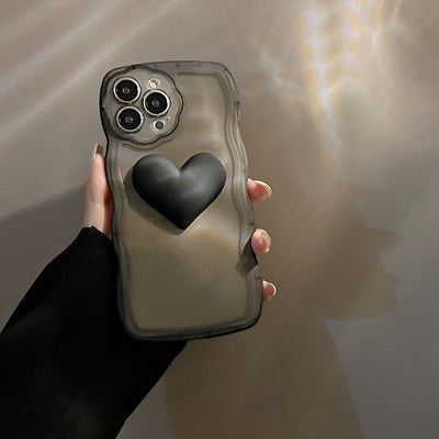 【iPhone Case】 黒いハート 立体  落下防止 リングストラップ付き iPhoneケース IPHONE 14