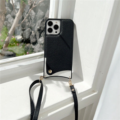 【iPhone Case】 シンプル 革製 高級感  おしゃれ  全4色 ショルダーストラップ付き  背面ポケット iPhoneケース