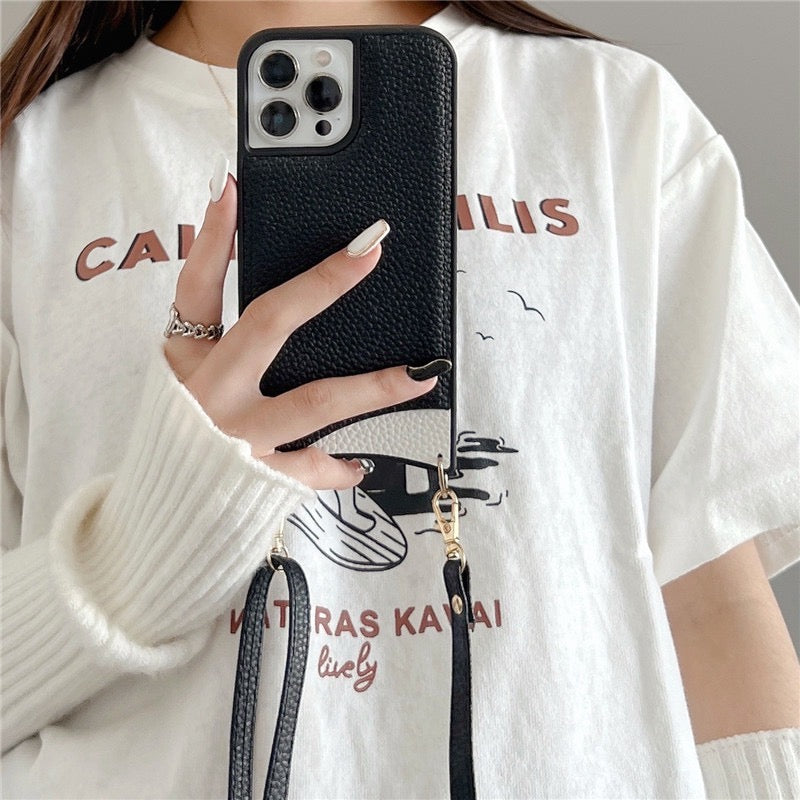 【iPhone Case】 シンプル 革製 高級感  おしゃれ  全4色 ショルダーストラップ付き  背面ポケット iPhoneケース