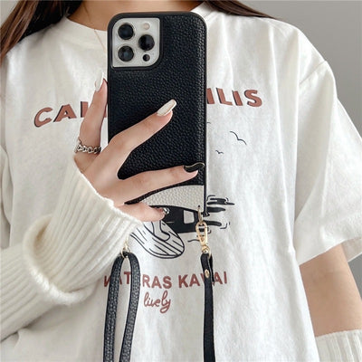 【iPhone Case】 シンプル 革製 高級感  おしゃれ  全4色 ショルダーストラップ付き  背面ポケット iPhoneケース