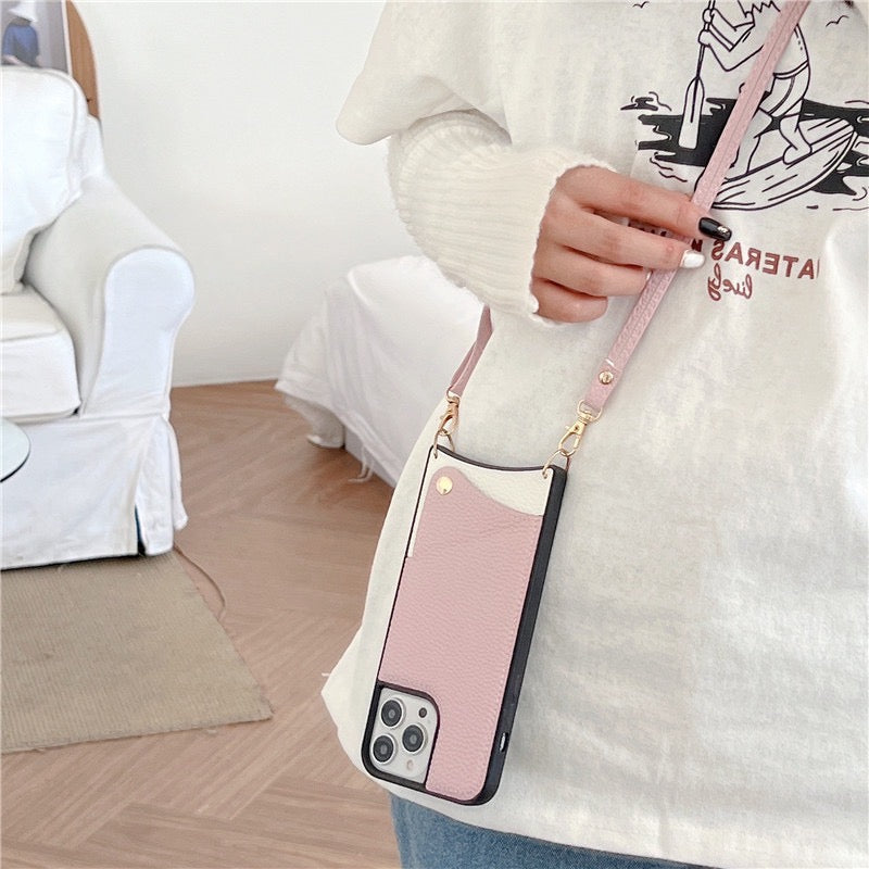 【iPhone Case】 シンプル 革製 高級感  おしゃれ  全4色 ショルダーストラップ付き  背面ポケット iPhoneケース