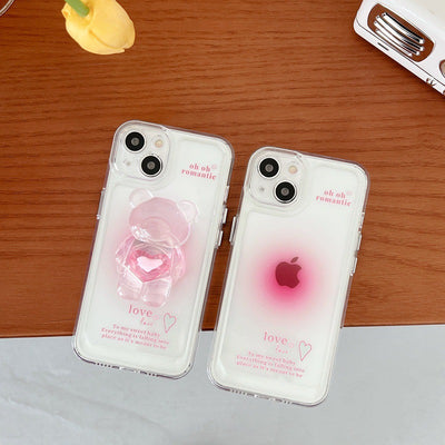 【iPhone Case】ピンク カワイイ 熊ちゃん ハート スマホグリップ スタンド 透明  IPHONEケース