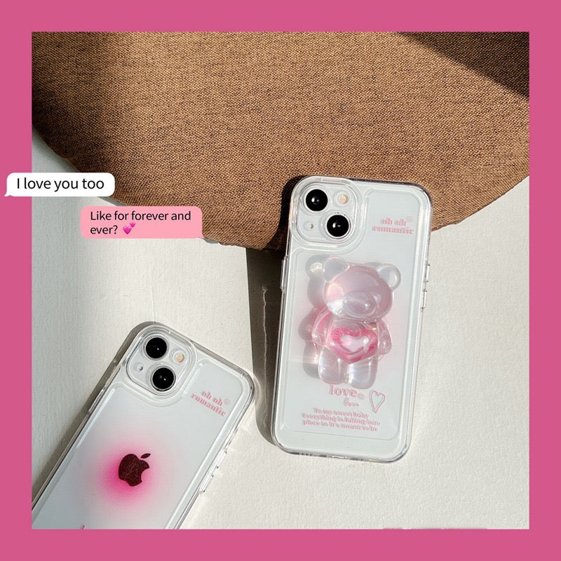 【iPhone Case】ピンク カワイイ 熊ちゃん ハート スマホグリップ スタンド 透明  IPHONEケース