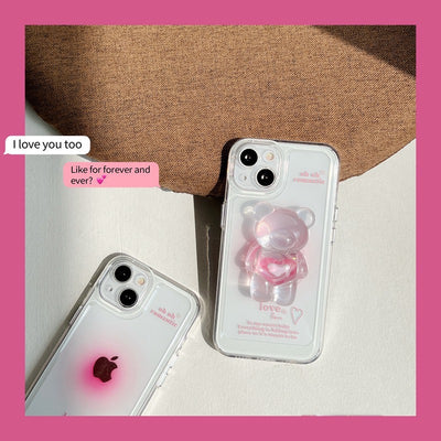 【iPhone Case】ピンク カワイイ 熊ちゃん ハート スマホグリップ スタンド 透明  IPHONEケース
