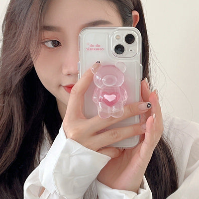 【iPhone Case】ピンク カワイイ 熊ちゃん ハート スマホグリップ スタンド 透明  IPHONEケース