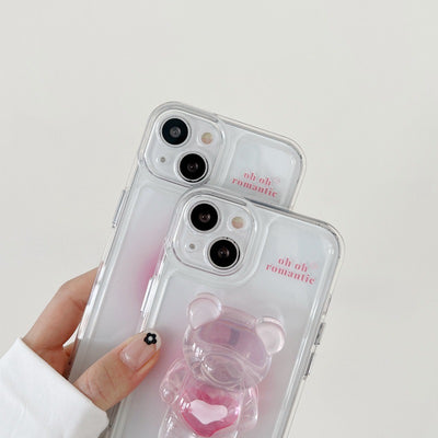 【iPhone Case】ピンク カワイイ 熊ちゃん ハート スマホグリップ スタンド 透明  IPHONEケース
