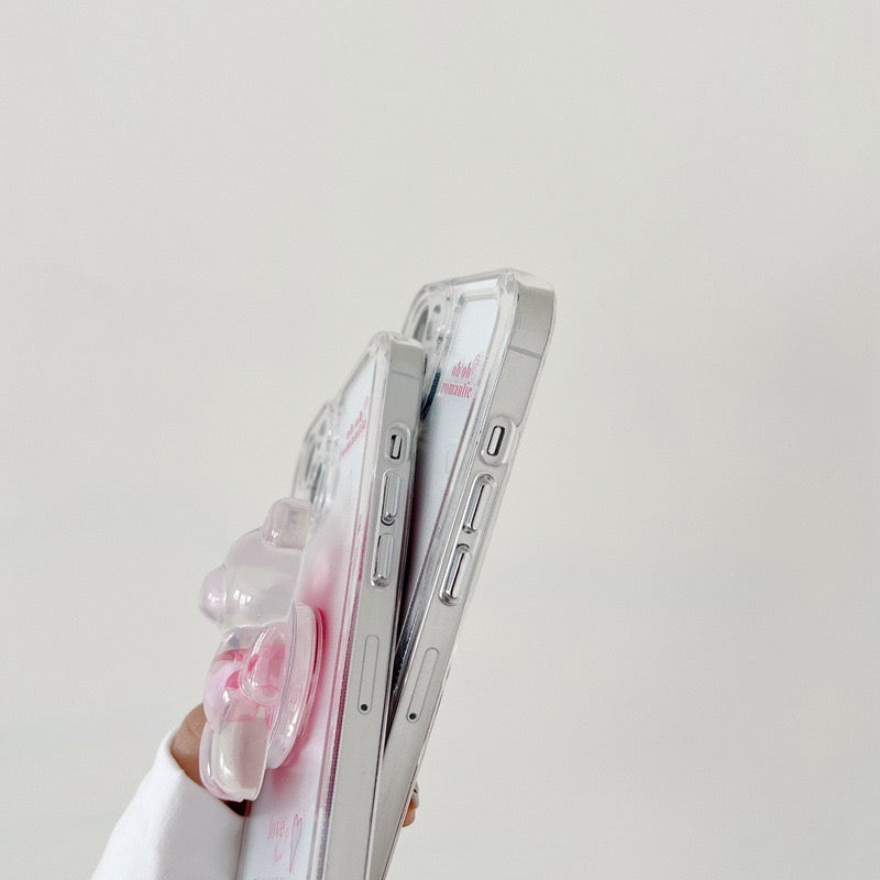 【iPhone Case】ピンク カワイイ 熊ちゃん ハート スマホグリップ スタンド 透明  IPHONEケース