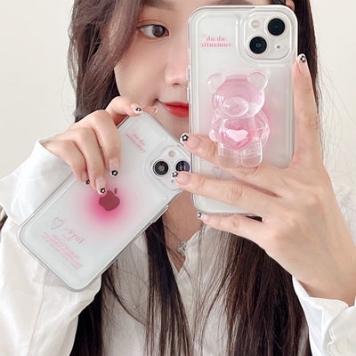 【iPhone Case】ピンク カワイイ 熊ちゃん ハート スマホグリップ スタンド 透明  IPHONEケース