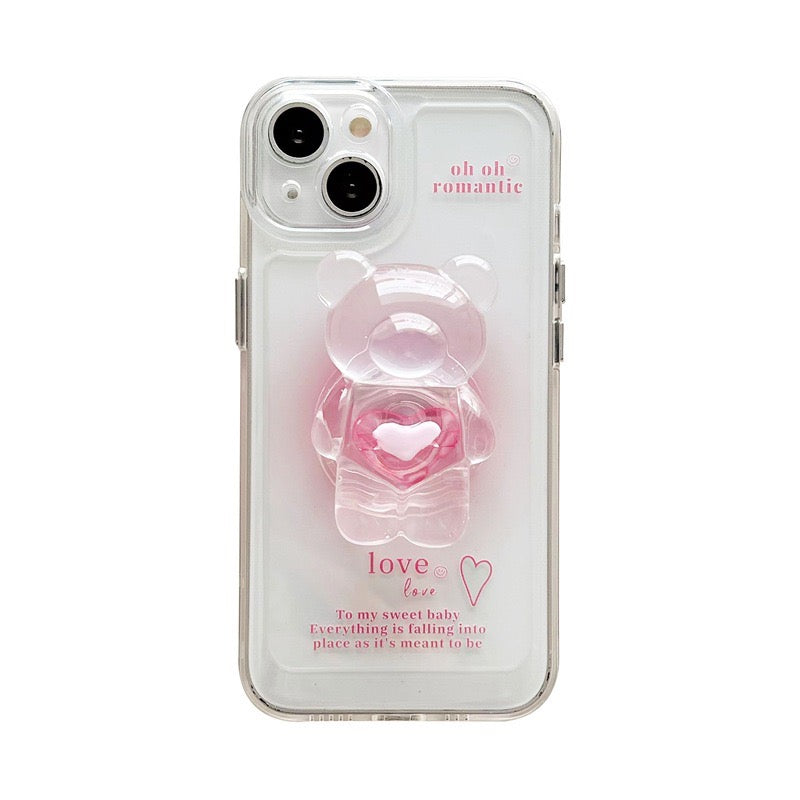 【iPhone Case】ピンク カワイイ 熊ちゃん ハート スマホグリップ スタンド 透明  IPHONEケース