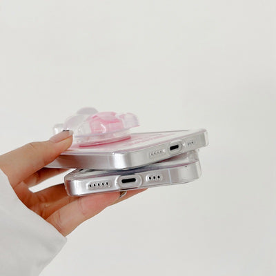 【iPhone Case】ピンク カワイイ 熊ちゃん ハート スマホグリップ スタンド 透明  IPHONEケース