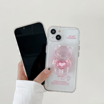 【iPhone Case】ピンク カワイイ 熊ちゃん ハート スマホグリップ スタンド 透明  IPHONEケース