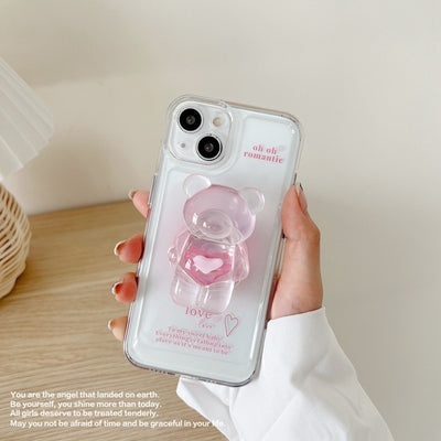 【iPhone Case】ピンク カワイイ 熊ちゃん ハート スマホグリップ スタンド 透明  IPHONEケース