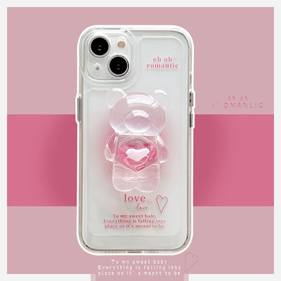 【iPhone Case】ピンク カワイイ 熊ちゃん ハート スマホグリップ スタンド 透明  IPHONEケース