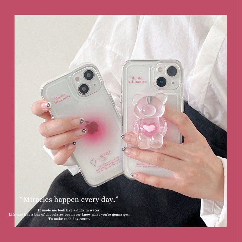 【iPhone Case】ピンク カワイイ 熊ちゃん ハート スマホグリップ スタンド 透明  IPHONEケース