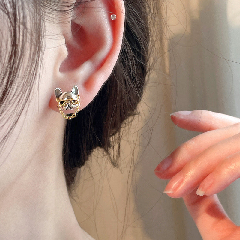 【Earrings】可愛い フレンチブルドッグ メガネ 犬 ピアス